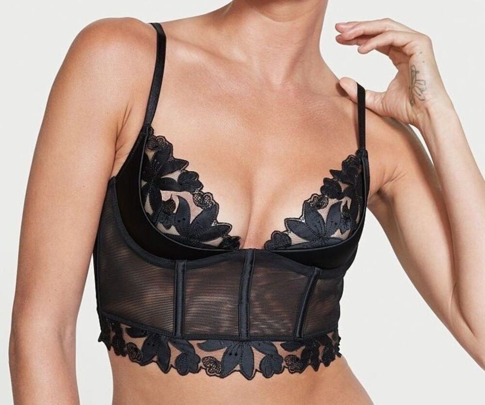 Victoria’s Secret Black Floral Mesh Longline Demi Bra Corset 32C Coquette Whimsy